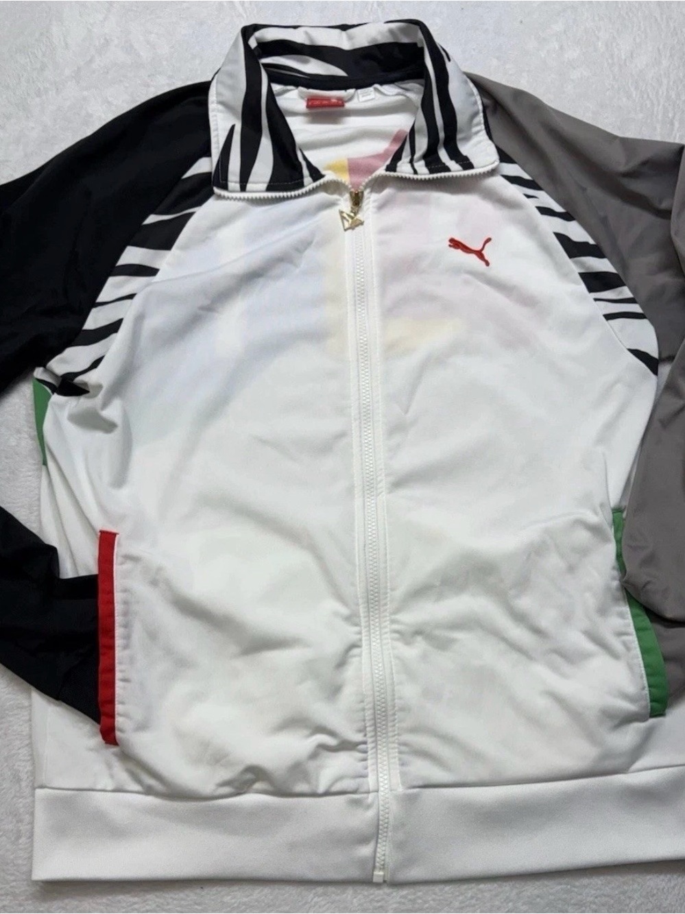 Puma White Track Bomber Jacket with Black, Gray and Red Accents
